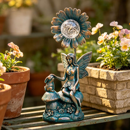 LIFESEEK Garden Solar Fairy Statue - Mushroom Seat, Touching Rabbit, Iron Flower Glass Ball, Whimsical Outdoor Ornament