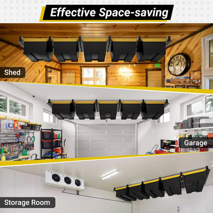 Eastrexon 5-bin Overhead Garage Storage Rack, Heavy Duty Ceiling Storage Racks, Powder Coated Tote Storage Rack for Garages, Sheds, Storerooms (6 PCS, for 5 Bins)