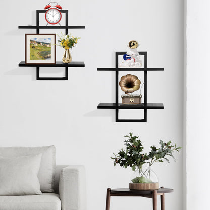 PHOENANCEE Floating Shelves for Wall,Display Hanging Shelf Set of 2,Modern Decorative Plants Shelves,Wood Home Decor Storage Chic for Living Room Bedroom Bathroom Office,Oak Frame,2-Tier Black