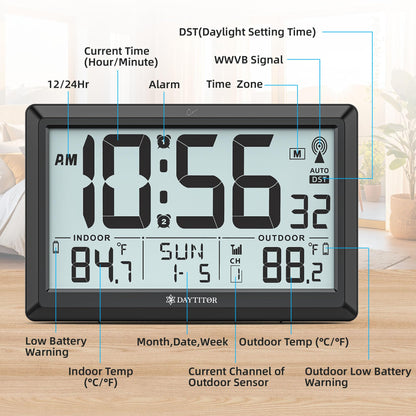 Atomic Clock Wall with Indoor/Outdoor Temp, Battery Operated Digital Wall Clock with 10.5" Large LCD Display, 330ft Range Desk Table Clock with Alarm, DST, Calendar for Living Room Bedrooms, Black