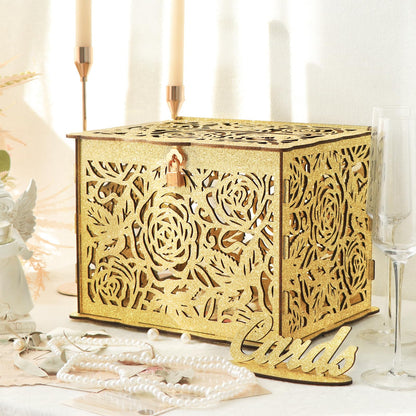 OurWarm Glittery Gold Wedding Card Box with Lock, Wood Gift Card Box for Reception, Money Honeymoon Fund Card Boxes for Baby Shower, Birthday, Graduation Party Rustic Wedding Decorations
