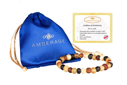AMBERAGE Natural Baltic Amber Bracelet for Adults (Women/Men) - Hand made From Raw-Unpolished/Certified Baltic Amber Beads(6 Colors) (7, Raw-Unpolished Multi)
