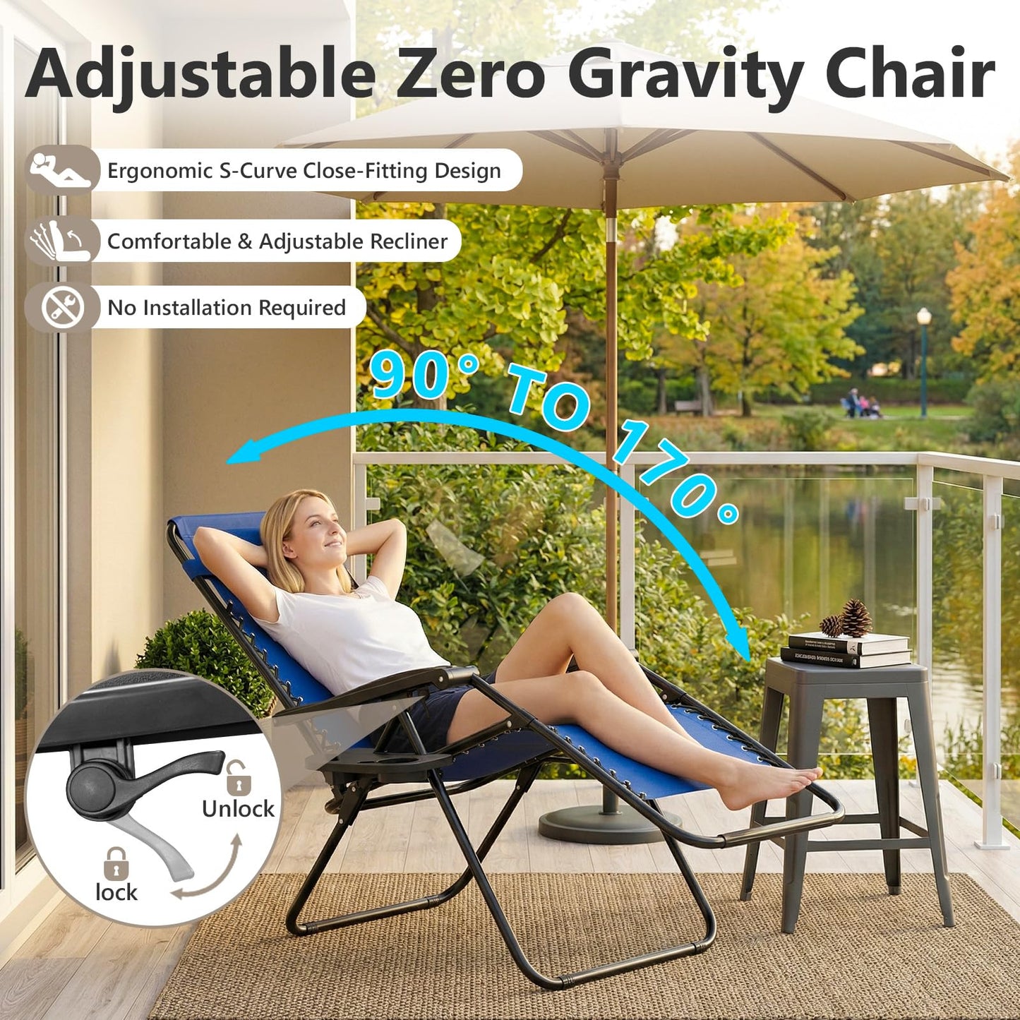 Zero Gravity Chairs Set of 2, Adjustable Lounge Chair Outdoor Recliner, Folding Reclining Lawn Chair, Anti Gravity Chair with Pillow & Cup Holder for Pool Camping Sunbathing Beach Patio (Blue)