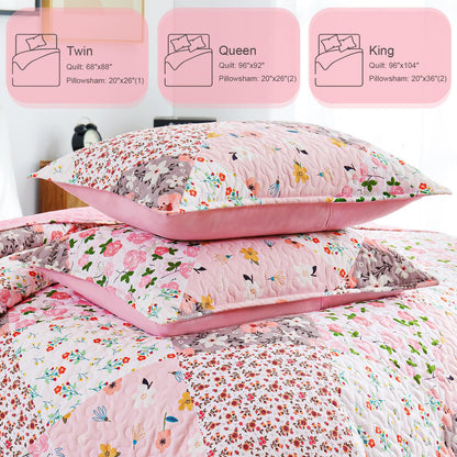 Whale Flotilla Patchwork Quilts Queen Size, Extra Soft Boho Floral Bedspreads for Bed Reversible Lightweight Full Queen Quilt Bedding Set Printed Coverlets with 2 Pillow Shams for All Seasons, Pink