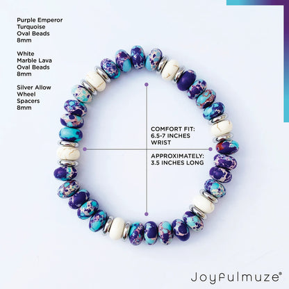 Joyfulmuze Purple and Blue Beaded Bracelets For Women, Emperor Turquoise and White Lava Marble Stone, Handmade Stretchable Multi Color Unisex Gift (Purple-Emperor+White-Marble-Lava)