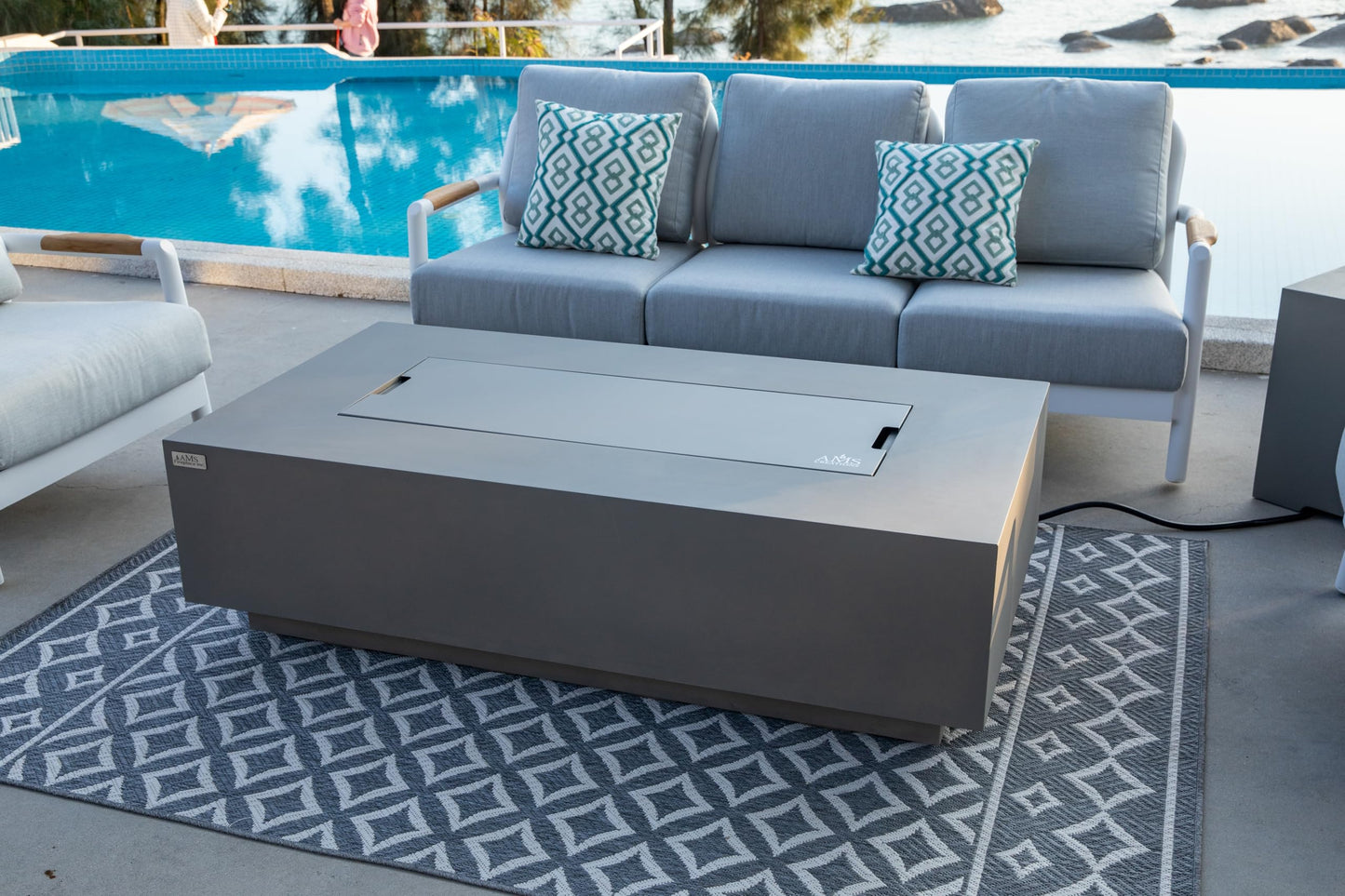 AMS Creations | Madison 60" Bundle Rectangular Natural Gas Outdoor Fire Pit Table | Light Gray Concrete GFRC | Smooth Texture or Surface | Electronic Ignition | Outside Backyard Fireplace