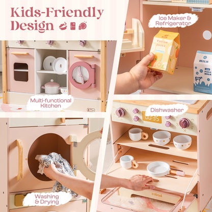 ROBUD Wooden Play Kitchen, Kids Kitchen Playset, Toy Kitchen Set with Fridge, Washing Machine, Dishwasher Toddlers Kitchen Playset Gift for Boys & Girls, Age 3+ (Pink)