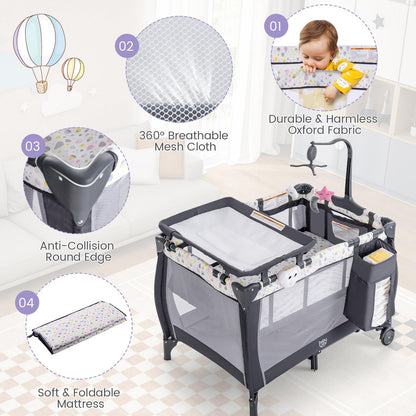 Costzon 3 in 1 Pack and Play with Bassinet, Portable Baby Playard with Changing Table, Music Box, Whirling Toys, Wheels/Brake, Basket, Foldable Infant Bassinet Crib for Baby Toddlers Indoor Outdoor