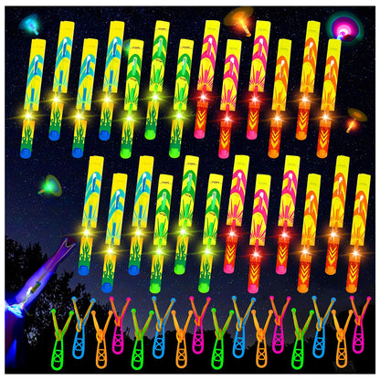 Ynybusi 50 Pcs Slingshot Flying Toys with Led Lights,25 Pcs LED Arrow Helicopters + 25 Pcs Launchers,Summer Outdoor Game Glow in The Dark Party Supplies Party Favors for Kids 4-8,8-12 Bulk Toys