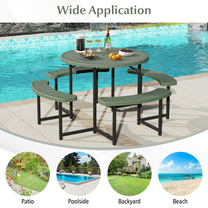 Giantex Picnic Table Bench Set for 4-8 Person, Round 37” Outdoor Dining Table w/Umbrella Hole, HDPE Tabletop, Metal Frame, Patio Furniture Set for Backyard Porch Lawn, 1400lb Capacity (Green,Round)
