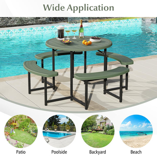 Giantex Picnic Table Bench Set for 4-8 Person, Round 37” Outdoor Dining Table w/Umbrella Hole, HDPE Tabletop, Metal Frame, Patio Furniture Set for Backyard Porch Lawn, 1400lb Capacity (Green,Round)