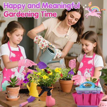 Kids Gardening Tool Set - Garden Tools for Kids with Shovel Trowel Rake Apron Gloves Watering Can and Tote Bag, Outdoor Toys Great Gifts for 3 4 5 6 7 8+ Years Old Girls (Unicorn Style)