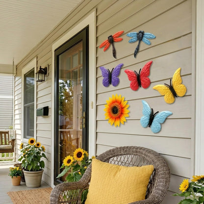 Pumtus 9 Pack Metal Flowers Wall Decor, Small Outdoor Fence Decoration, Butterfly Dragonfly Wall Art Ornament, Hanging Sunflower Animal Sculptures for Garden Patio Backyard Deck Home