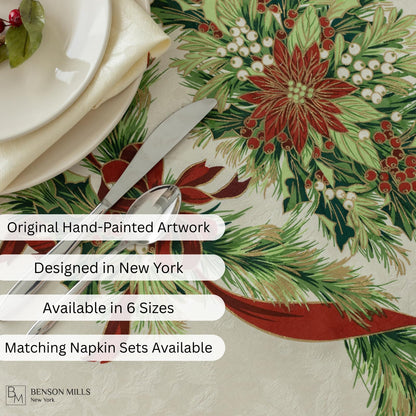 Benson Mills Christmas Ribbons Engineered Printed Fabric Table Cloth, Winter, Holiday and Christmas Tablecloth (60" X 120" Rectangular, Xmas Ribbons)