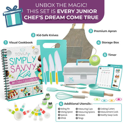Tovla JR Kids Real Cooking and Baking Ultimate Gift Set | Montessori Kid-Safe Knives, Apron, Visual Cookbook, Timer, Storage Case & Tools | Premium Christmas & Birthday Gift for Girls & Boys