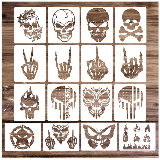 Yanroom Skull Stencils for Painting On Wood Flame Skeleton Hand Finger Fire Templates for Airbrushing Art Crafts Plastic Reusable Wood Burning Stencils for Wall Canvas (Skull)