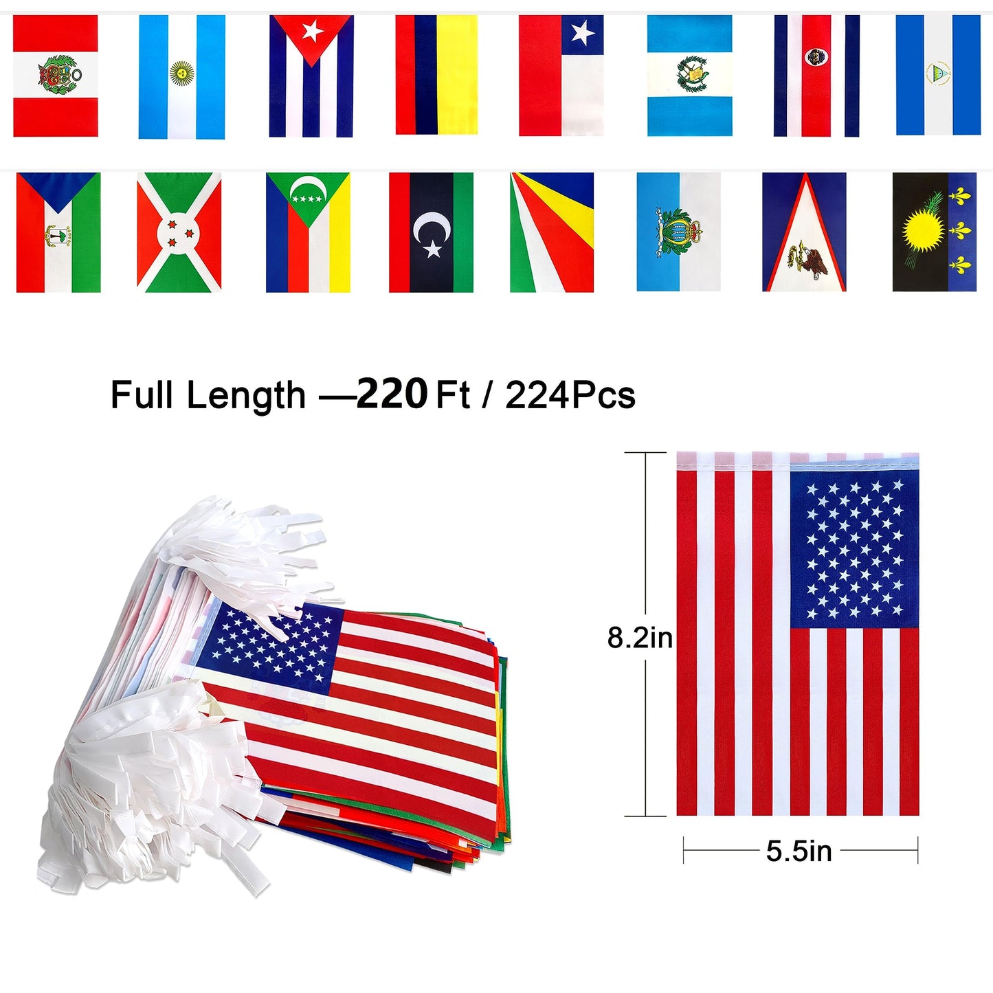 LUSEOAN 224 Different Countries International String Flags Banner of the World Small Mini Bunting Banners for Grand Opening,Bar,School Office,Sports Events,International Festival Decorations,All Countries Flags,220 Feet