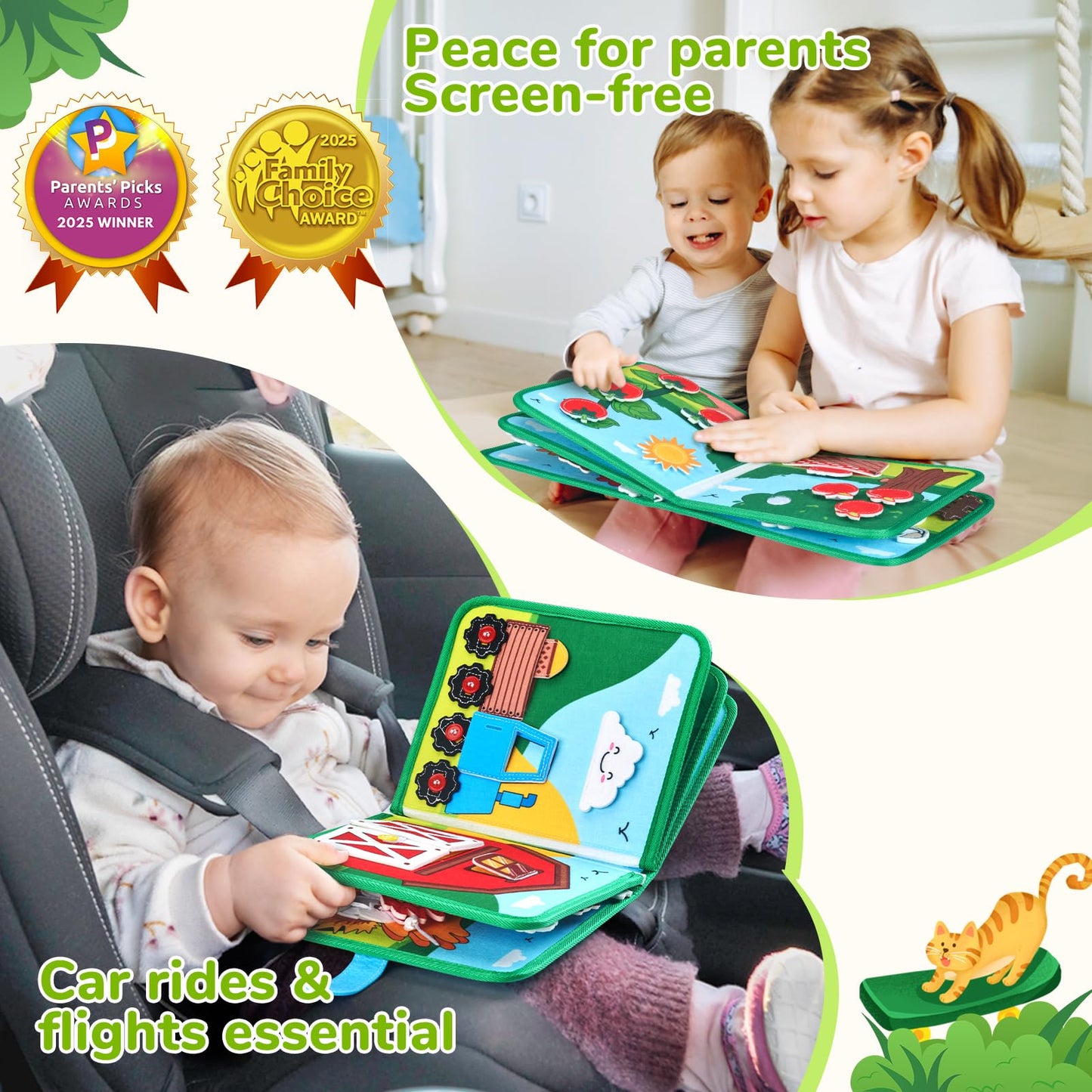 JoyCat Farm Busy Book for Toddlers 1–3 – Quiet Montessori Activity Book with 15 Daily Life Activities, Screen-Free Travel Toy for Toddlers, Easter Basket Stuffers Gifts Kids