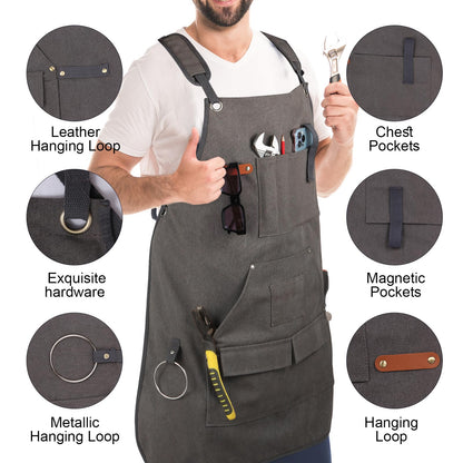 Rtcimoic Men's Multi-Function Woodworking Tool Apron, Multi-Pocket Canvas Carpenter Shop Work Apron, Heavy Duty Adjustable Belt S-3XL Grey
