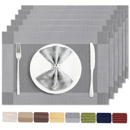 Uolr Placemats Set of 6 Washable&Wipeable Silver Place mats for Dining Table Kitchen Indoor Outdoor Table Mats Heat Resistant Non Slip Woven Vinyl Table Placemats (Grey，6PCS)