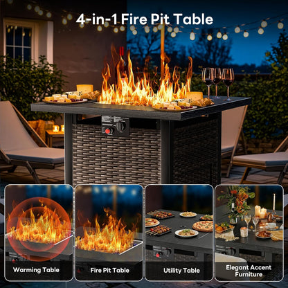 28 Inch Outdoor Propane Fire Pit Table, 50000 BTU Square Rattan Propane Fire Pit with Steel Tabletop & Removable Lid, 4-in-1 Gas FirePit Table with Glass Stones for Patio, Backyard