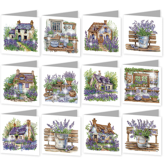 C'eitura 12Pcs Lavender Diamond Art Painting Greeting Card Kit with Envelopes, DIY Floral Christmas Birthday Thanksgiving Card Making Set, Calming Handmade Card Craft