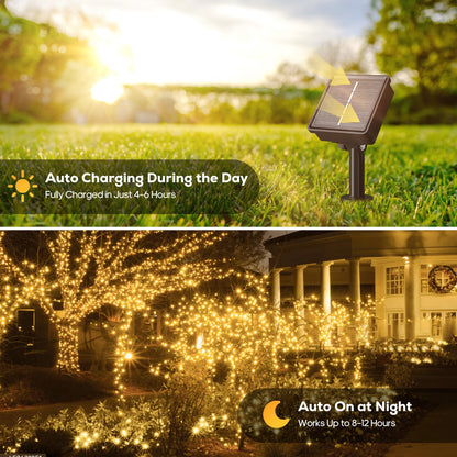 Soiarllt 2 Pack Solar String Lights Outdoor - Total 92FT 240 LED Solar Christmas Lights Outdoor Waterproof with 8 Lighting Modes for Xmas Tree Garden Party Decorations(Warm White)