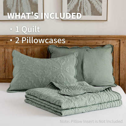 meadow park Embroidered Quilt Set Queen Size - 3 Pieces, Washed Cotton Blend Lightweight Bedspreads with Scallop Edges, Reversible Coverlets Bed Cover All Season Quilts-Green