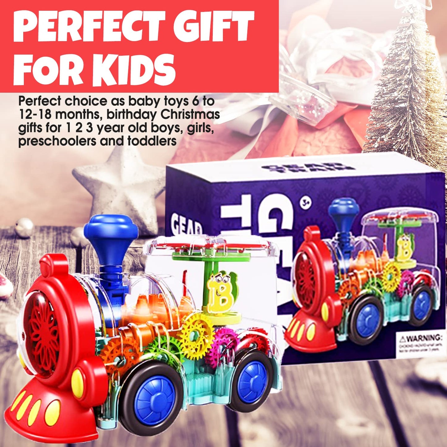 Tooty Toy Transparent Sensory Train Toy -Interactive Light up Toys for Kids- Musical Train Toys with LED Light for Toddlers- Colorful Moving Gears- Tummy Time Crawling Baby Toy