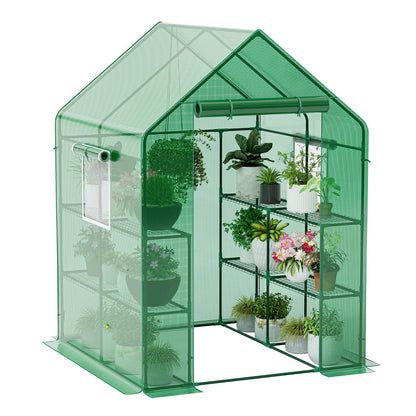 Fatazoii 56×56×78Inch Walk-in Greenhouse for Outdoors with Screen Windows, Heavy Duty Small Plant House with Thicken PE Cover and Steel Shelves, Portable Green House for Outside Garden Winter, Green