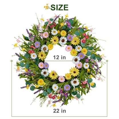 MAINGKAUNG Spring Wreath 22 Inch Artificial Summer Wreath with Yellow Daisy Flowers Green Eucalyptus Leaves Lavender Spring Wreaths for Front Door Home Farmhouse Porch Wall Easter Festival