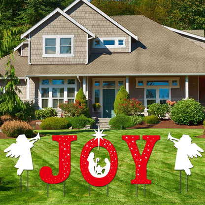 Outdoor Christmas Decorations -Joy Nativity Sets for Christmas Outdoor Xmas Nativity Lawn Religious Scenes Yard Decor with Stake for Home Lawn Pathway Walkway, Red, White