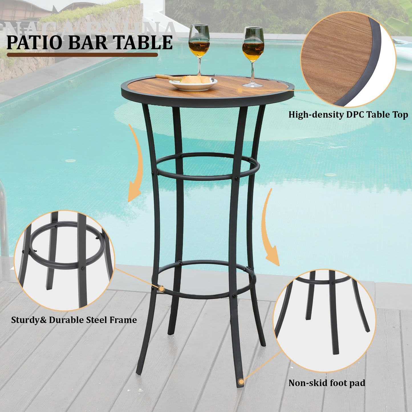 Naga Bahna Bar Height Patio Table, 40-Inch Outdoor Pub Table Bistro Table with Wooden-Like Table Top & Metal Frame, Spring, 2026