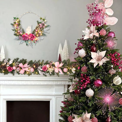 6 feet Christmas Pink Garland for Front Door with 30 LED Lights,Festive Lighted Holiday Decor,prelit Mantel Garland withTimer,Stair and Fireplace Pink Rose Decoration for Christmas and Wedding