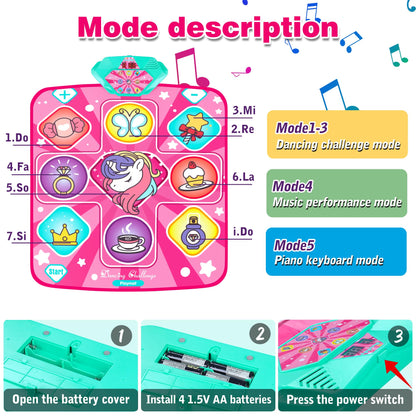 Kusntin Dance Mat, Dance Mixer Rhythm Step Play Mat, Pink Dance Pad with LED Lights, Adjustable Volume, Built-in Music, 5 Game Modes, Xmas Birthday Gifts for 3-10 Years Girls Toys (Multicolor)