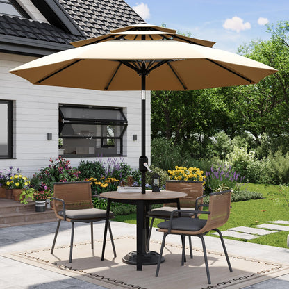 Garvee 10Ft 3-Tier Patio Umbrella, Outdoor Table Umbrella with Vents, Easy Crank and Push Button Tilt, Market Umbrella with 8 Sturdy Ribs for Pool, Deck, Yard, Garden -Tan