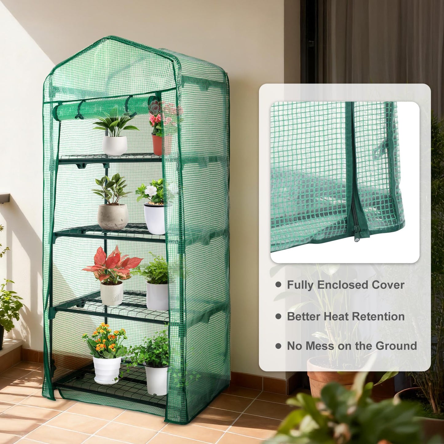 Aoodor 27x19x63 Inch 4 Tier Upgrade Greenhouse with Protective PE/PVC Base for Tidier and Cleaner Indoor Outdoor Gardening on The Deck, Patio or Backyard, Green