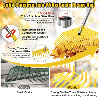 Lightweight Leaf Rake for Lawns - Anti-Break Nylon Plastic Head,Easy Yard & Garden Rake for Women,Seniors,Kids, 16.5" Wide for Leaves, Grass,Pine Needles,Gardening,Adjustable 35–65" Long Handle