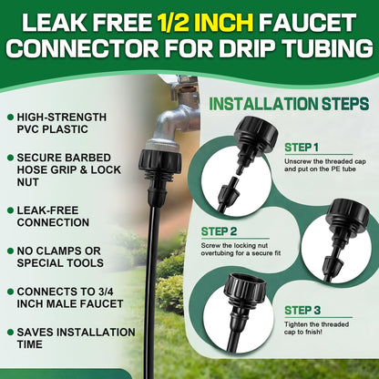 6 Pcs Drip Irrigation Kit, Included 2 Way Y Water Splitter Connector, 2 Pcs 25 PSI Garden Hose Pressure Regulator and 2 Pc 1/4 Inch Irrigation Tubing Hose Adapter for Drip Irrigate System