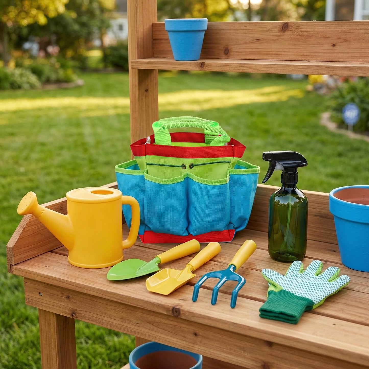 Cididu 8PCS Kids Garden Tools Set, Boys Girls Gardening Kit Tools Including Watering Can, Spray Bottle, Tote Bag, Trowel, Rake, Outdoor Garden Toy Gift for Beach