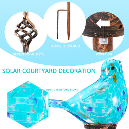 Naboher Decorative Solar Lights, Outdoor Solar Bird Stake Lights, Hand Blown Glass Decorative Garden Pathway Lights Outdoor Waterproof Glass Stakes (Light Blue)