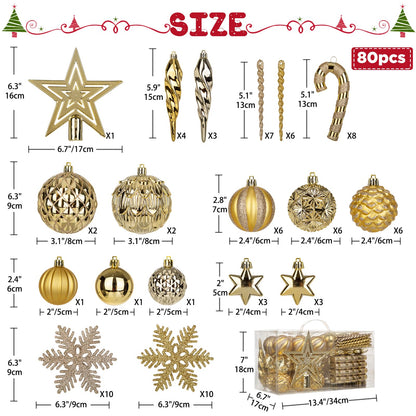Briful 80ct Gold Christmas Balls Ornament Set, Plastic Shatterproof Christmas Ornament Balls with Tree Topper Candy Canes Snowflakes for Xmas Tree Wreath Garland Decor