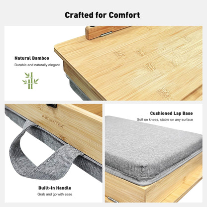AboveTEK Book Stand for Reading with Storage, Adjustable Bamboo Book Holder with Soft Lap Cushion, Cookbook Stand, Hands-Free Book Reading Stand for Bed, Desktop & Kitchen Counter