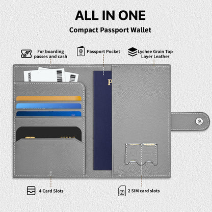 Genuine Leather Passport Holder for Travel, RFID Blocking Passport Wallet with Tracker Holder, Slim Passport Cover Travel Wallet for Women Men, Airport Essentials (Gray)