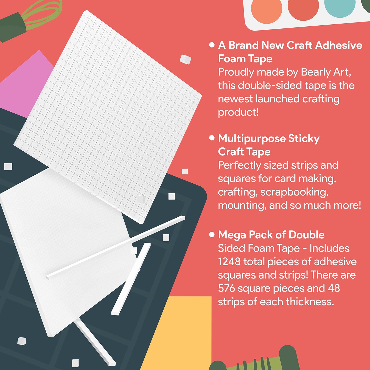 Bearly Art CUBIES The Polar Collection - Acid Free Adhesive Foam Tape for DIY Arts and Crafts - Double Sided Tape - Mega Pack with 1248 Total Pieces - Precut Squares & Strips