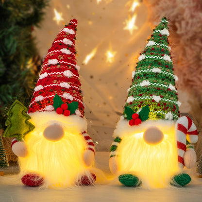 Christmas Gnome Decorations Indoor 11.4inch Light Up Christmas Gnomes Plush Home Decor Leprechaun Hold Candy Cane Ornaments with LED Lights Elf Tiered Tray Xmas Gifts Decor (Set of 2)