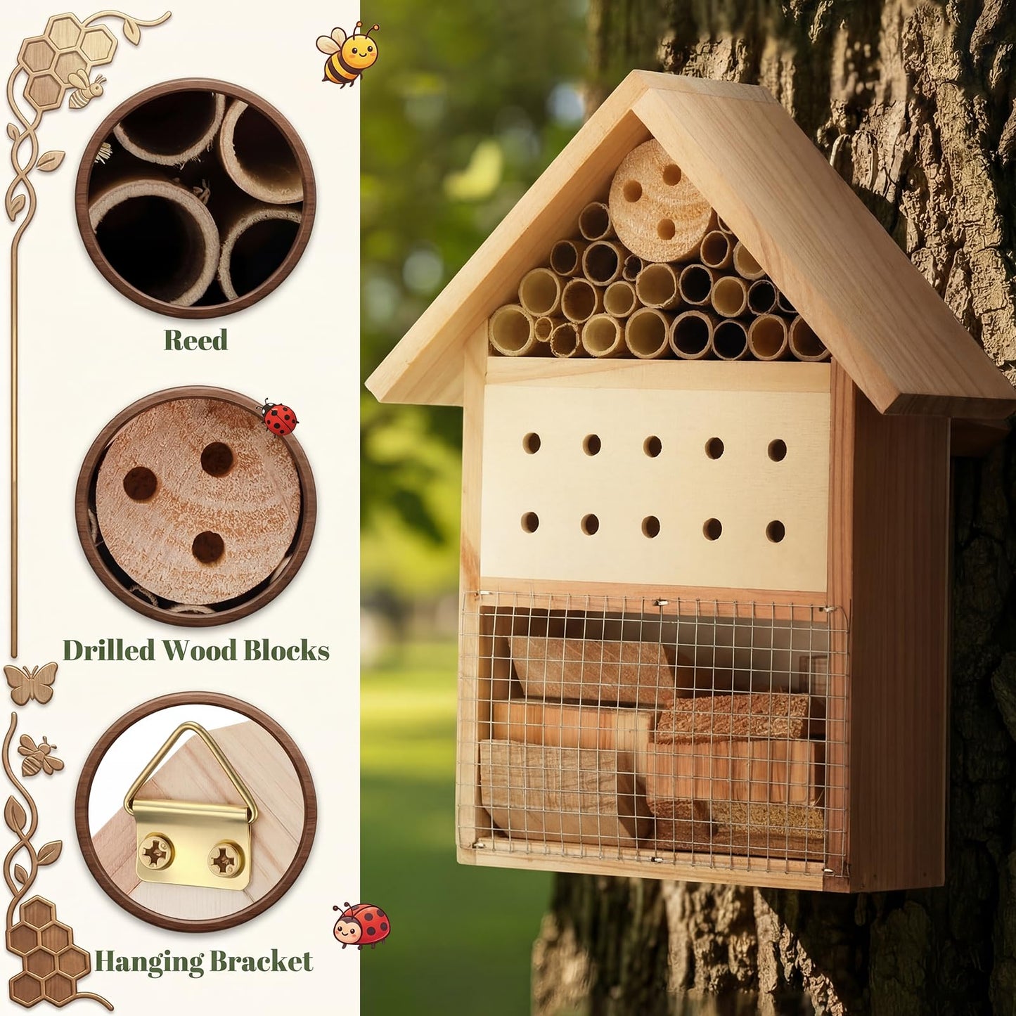 Ferrochef 2 Pcs Wooden Bee House Hanging Insect Hotel for Ladybug, Mason Bee, Bugs Natural Insect Habitat on The Ground or Hanging on The Tree for Garden, 9.8 x 7.8 x 2.95 Inch