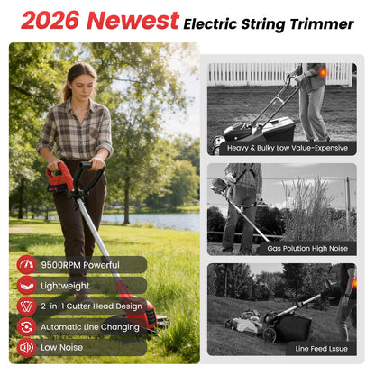 ALSO GO 21V Cordless String Trimmer, 2 * 2.5Ah Battery with Fast Charger, 12'' Weed Wacker with Auto Line Feed, 2-in-1 Weed Eater Battery Powered & Edger Lawn Tool with 10 Lines for Yard & Garden