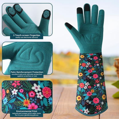 Gardening Gloves for Women - Breathable Long Garden Gloves with Grip, Thorn-Proof Puncture-Resistant Leather Work Gloves for Yard and Outdoor Work, Protective Garden Gloves for Women, Green Flower