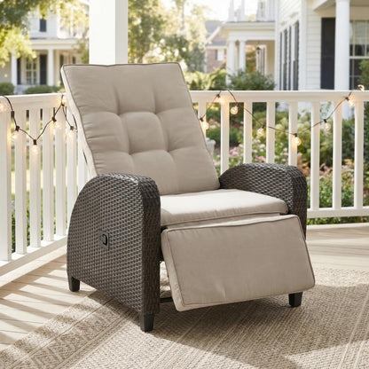 Green4ever Outdoor Patio Recliner with Adjustable Backrest and Footrest, All-Weather Wicker Patio Chair, 160° Lay Flat Patio Reclining Lounge Chair for Garden Backyard, Beige